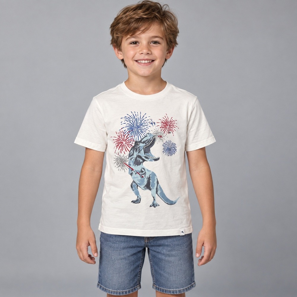 Tommy Bahama Boys T-Rex Dinosaur Fireworks Graphic Tee White Size M 7/8